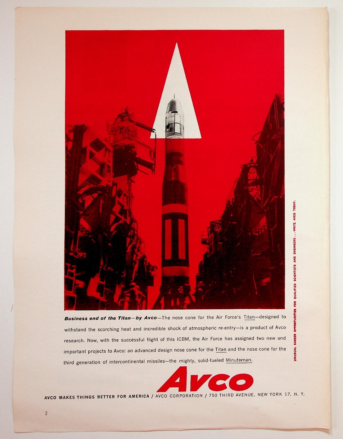 Vintage Avco Titan ICBM Missile Nose Cone Ad Art Cold War Space Race Ephemera