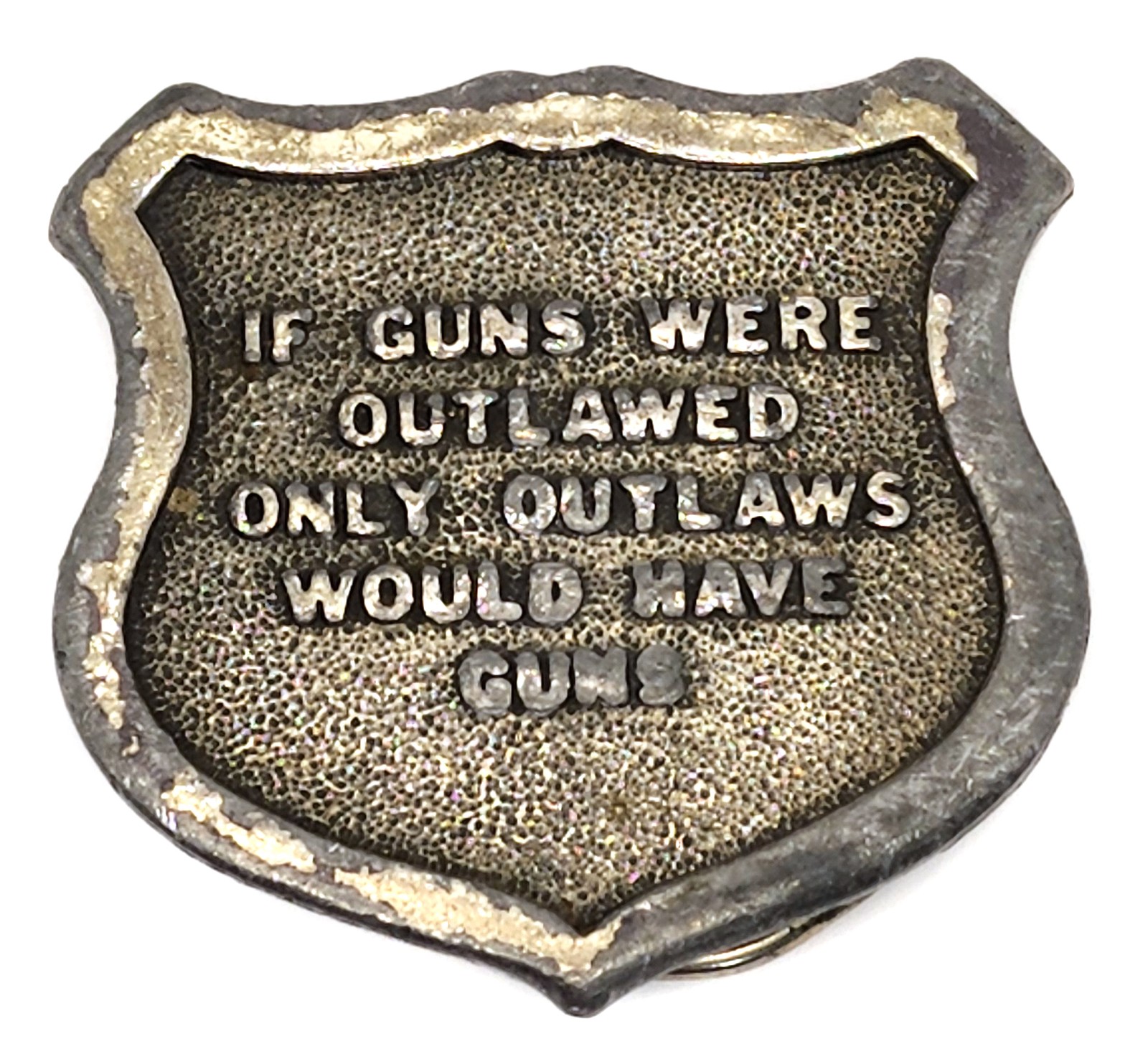 1975 Vintage Well Worn Bergamot Brass Works Shield Shaped Pro-Gun Belt Buckle