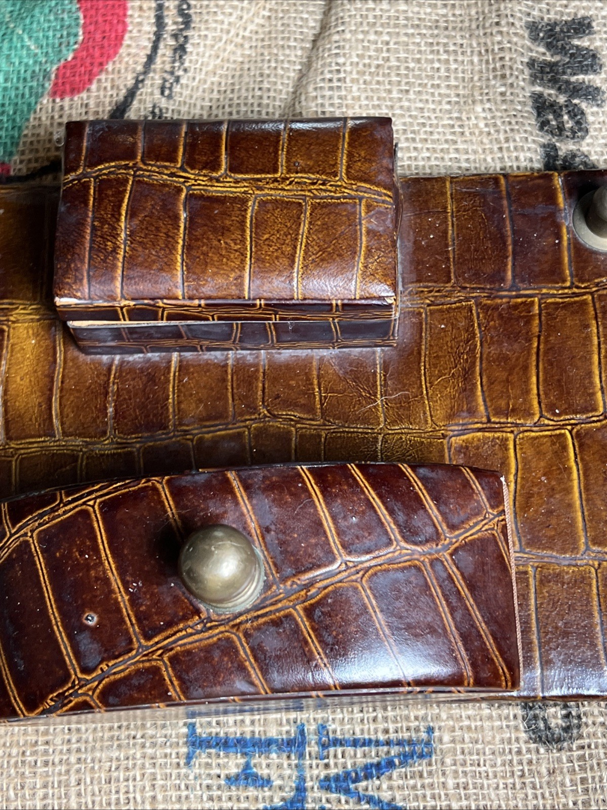 Vintage Croc Leather Embossed Brass Desk Set Pencil Holder  Box . Brown