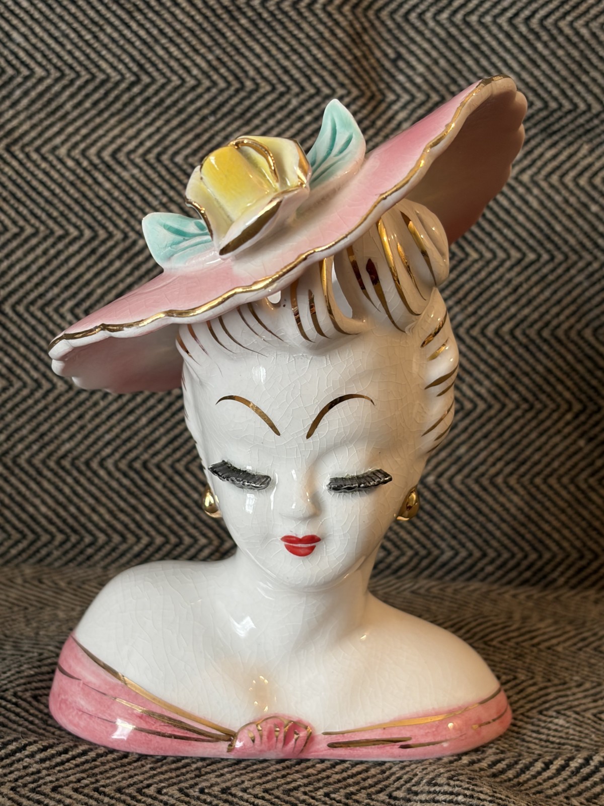 Vintage LEFTON PINK LADY Head Vase Gold Trim 5.25