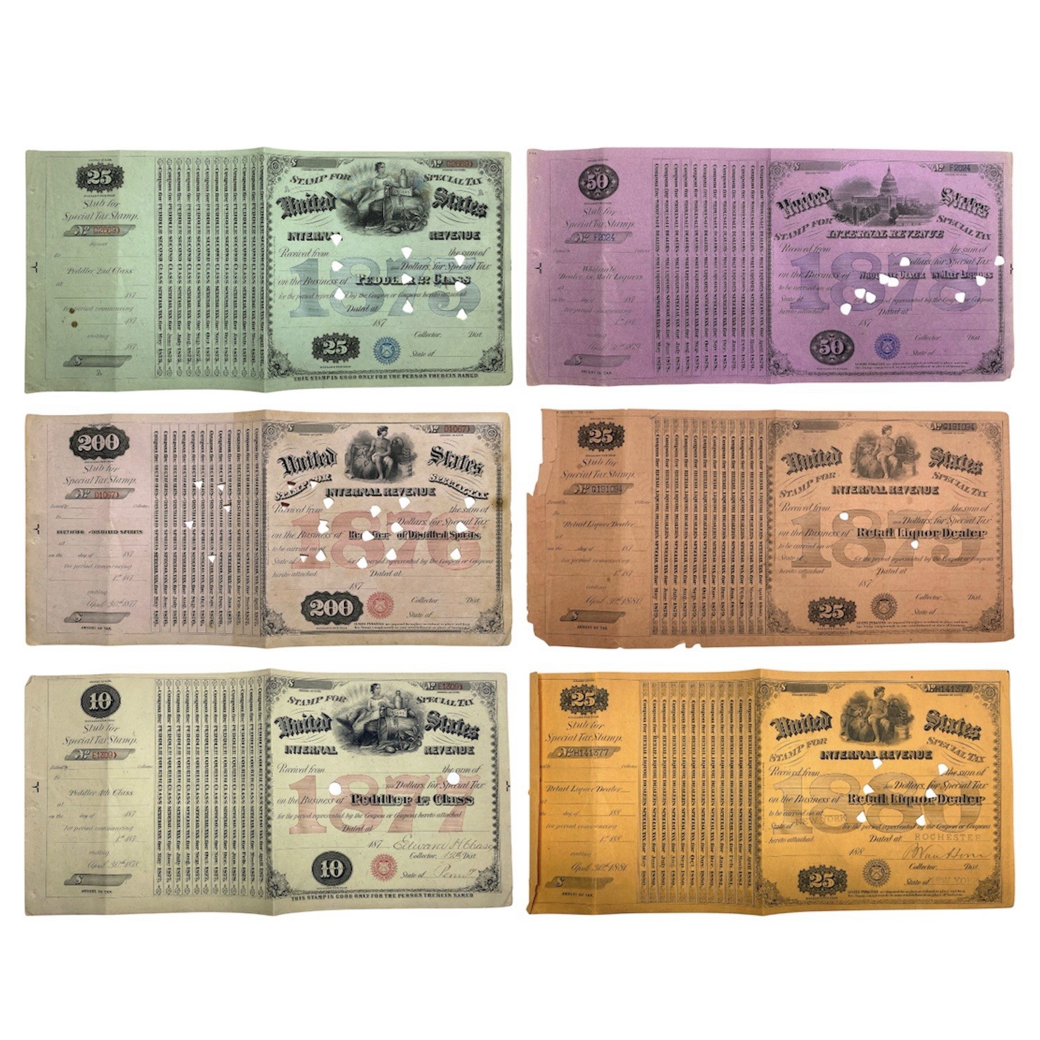 Original 1875-1880 US Internal Revenue Liquor Dealer Tax Stamp Document Lot of 6