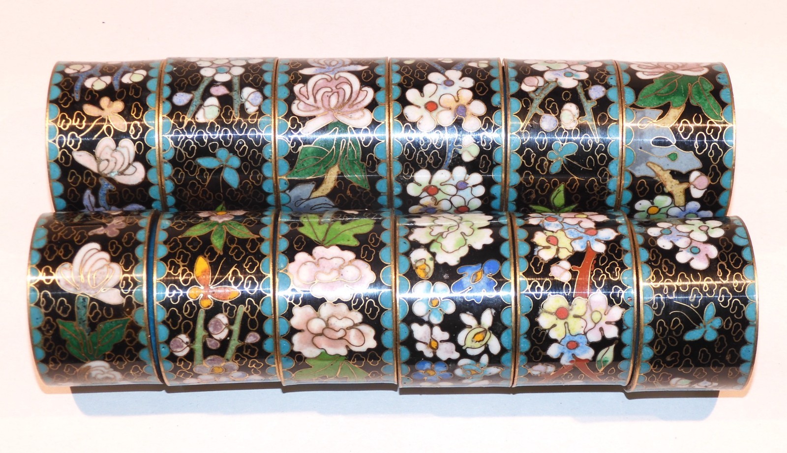 Set 12 Vintage Cloisonné Napkin Rings 3 Floral Designs | Turquoise Centers VGC