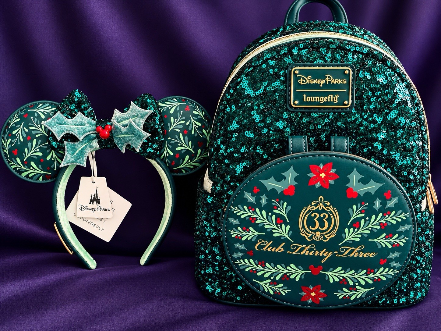 Club 33 Holiday Christmas Loungefly Ears Headband and Backpack 2024 Green Sequin