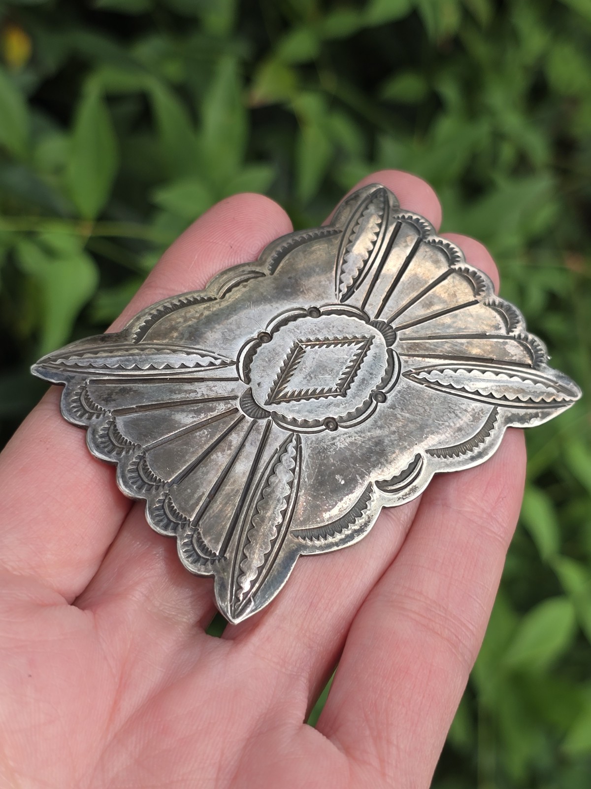 VINTAGE KEWA PUEBLO LORENZO TORTALITA STAMPWORK REPOUSSE STERLING SILVER PIN VINTAGE KEWA PUEBLO LORENZO TORTALITA STAMPWORK REPOUSSE STERLING SILVER PIN