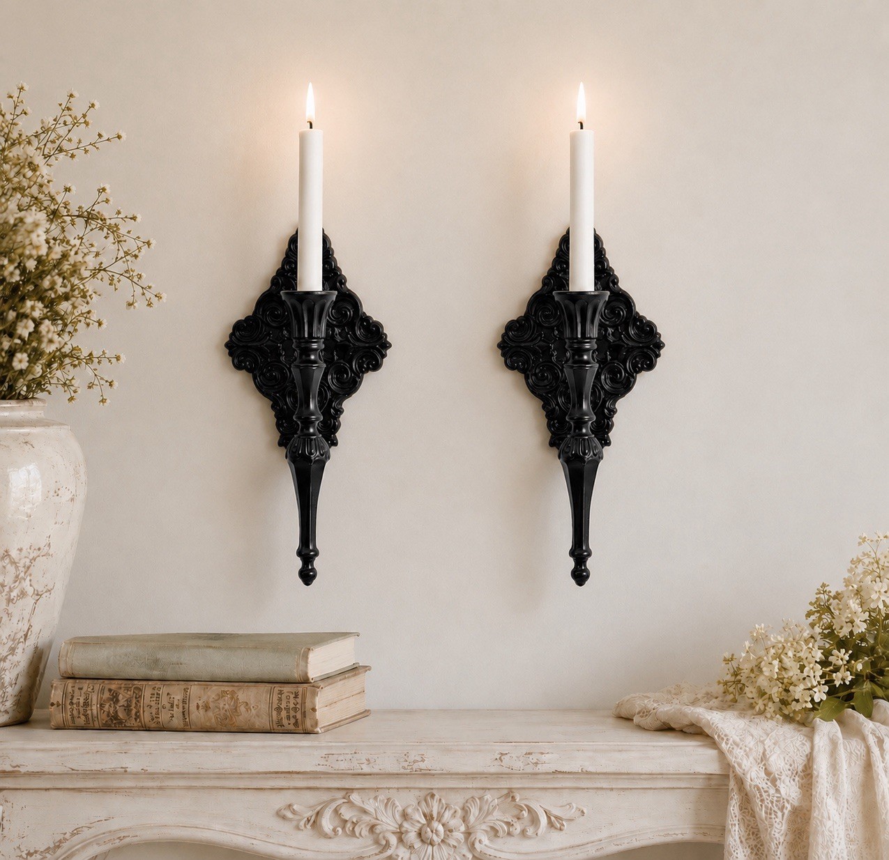 Antique Black Ornate Iron Wall Mounted Candle Sconces Metal Candle Holders Pair
