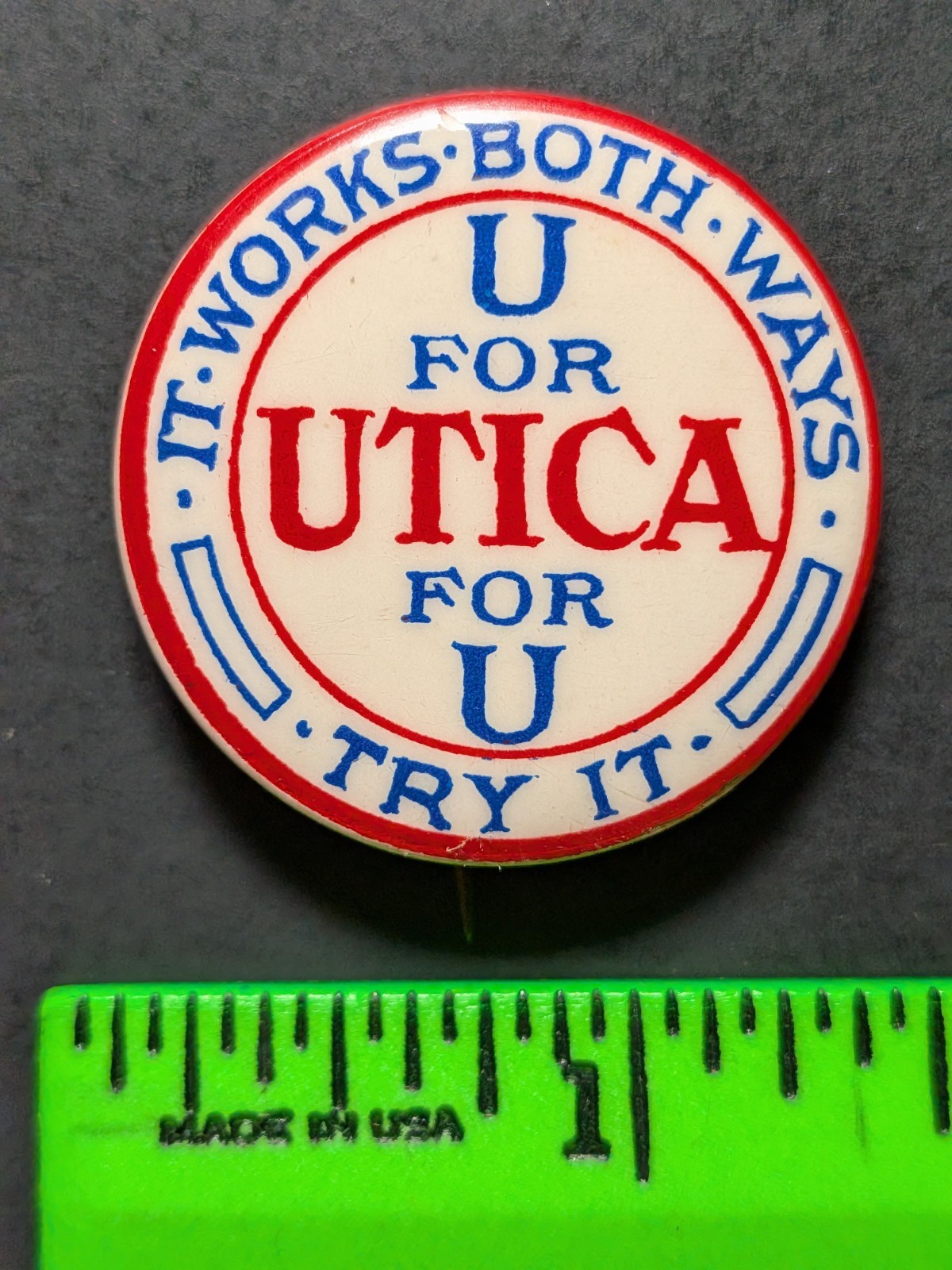 Vintage Works Both Ways Utica New York Pinback Pin Vintage Works Both Ways Utica New York Pinback Pin