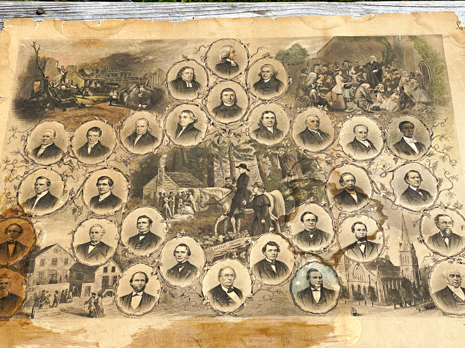 1872 Wesleyan American Methodism Lithograph w/ Portraits Inc. Francis Burns