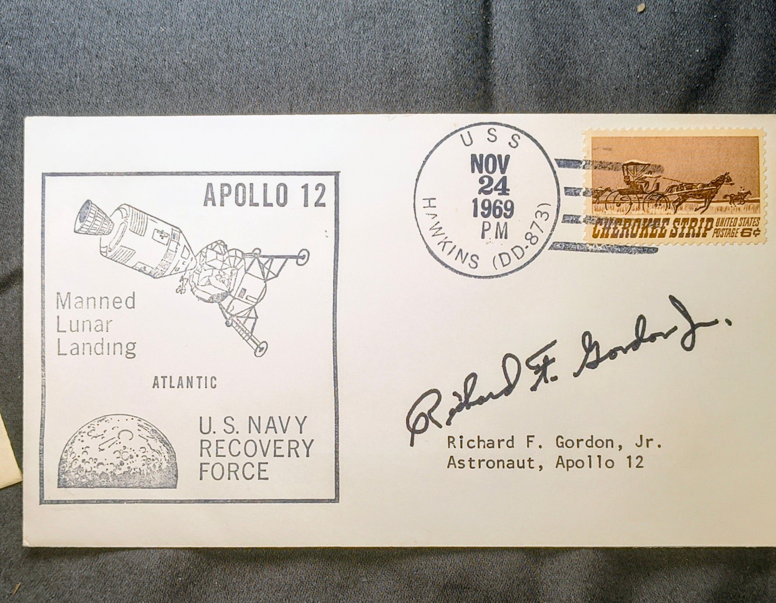 Apollo 12 Recovery Cover USS Hawkins NOV 24 1969 Dick Gordon Autopen Facsimile