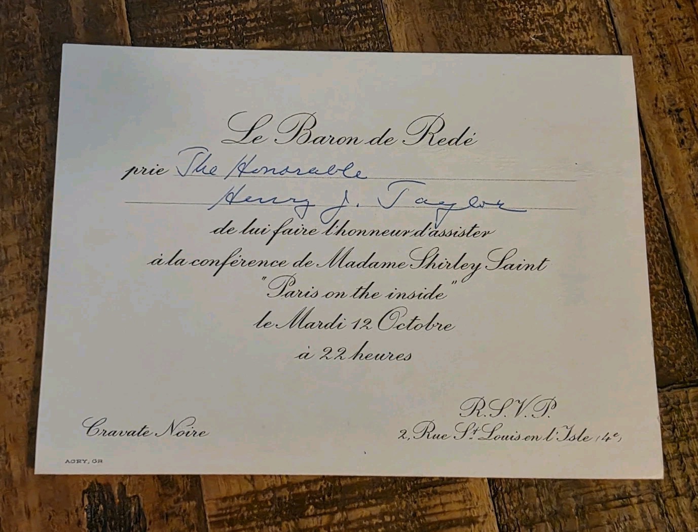 Vintage Baron de Redé 1960s Black Tie Invitation to Ambassador Henry J Taylor