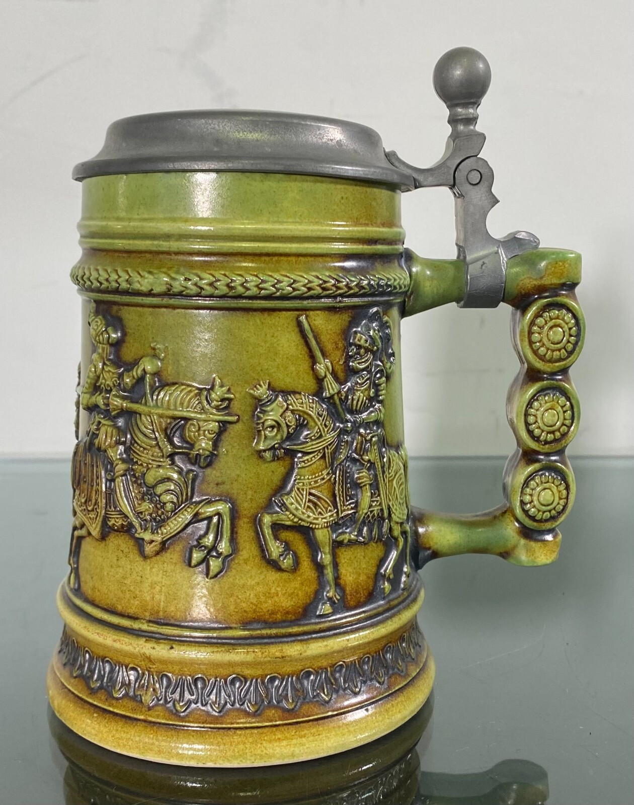 Gerz West Germany Ceramic Green Beer Stein Medieval Knights Horses Pewter Lid