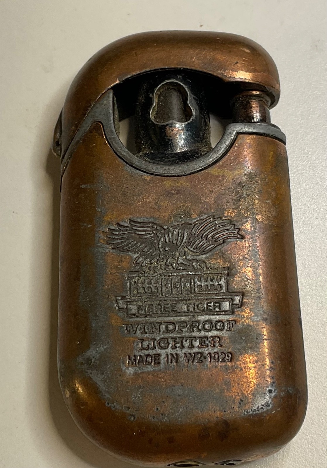 Vintage Three Tiger Windproof Lighter Eagle Copper Case Made in WB 1929 Scarce
