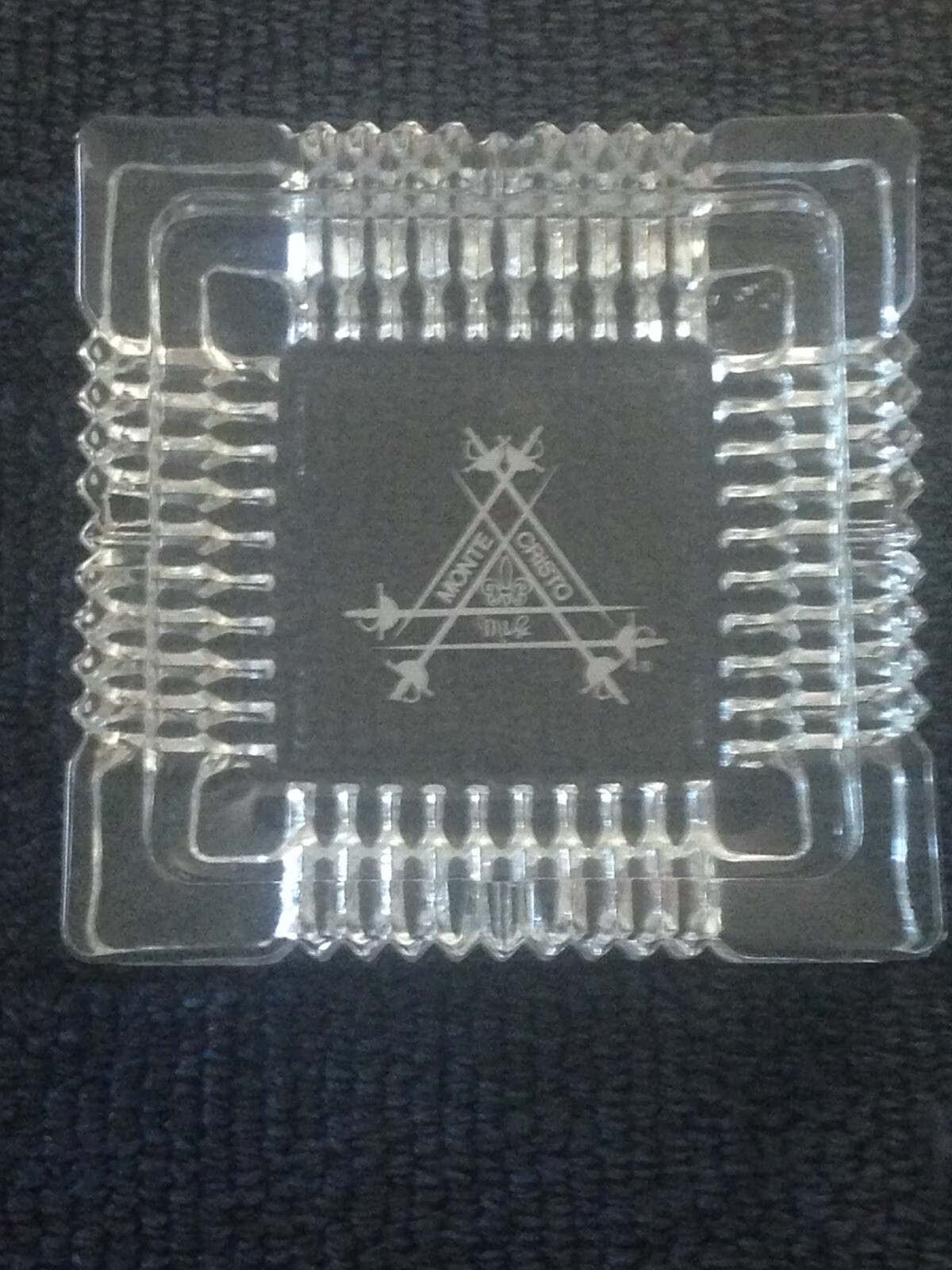Vintage Montecristo Clear Glass Square Ashtray Heavy Cut - Etched Logo