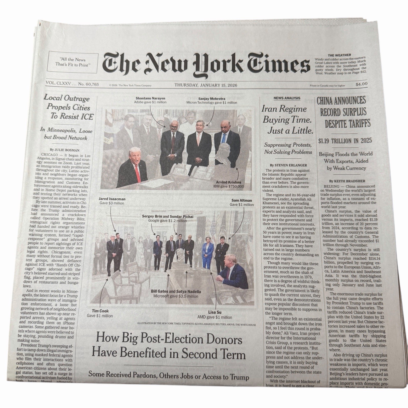 The New York Times Newspaper January 15 2026 Complete Print Paper UNREAD NYT