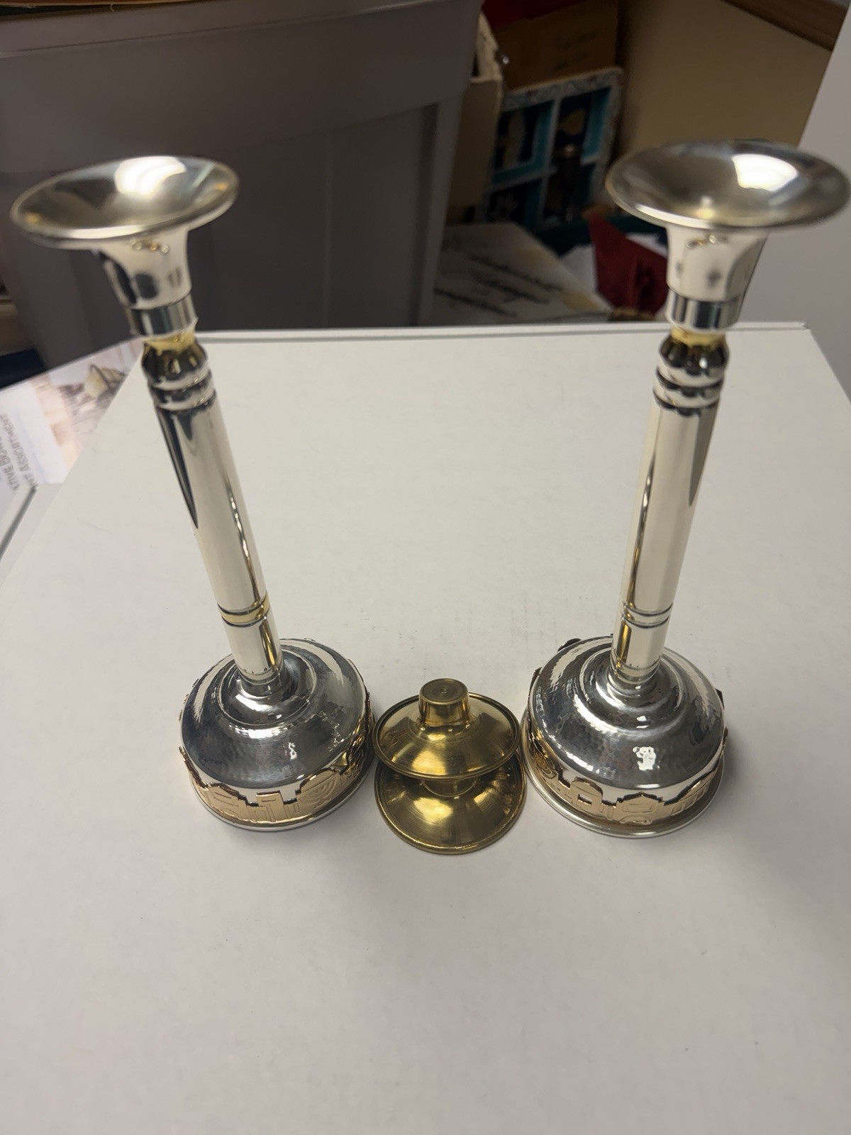 Gold And Silverplate Shabbat Candleholders. Jerusalem Motif