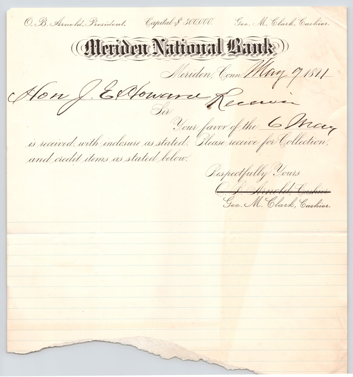 1891 Meriden National Bank, Kansas? Antique Letterhead, J.E. Howard    d