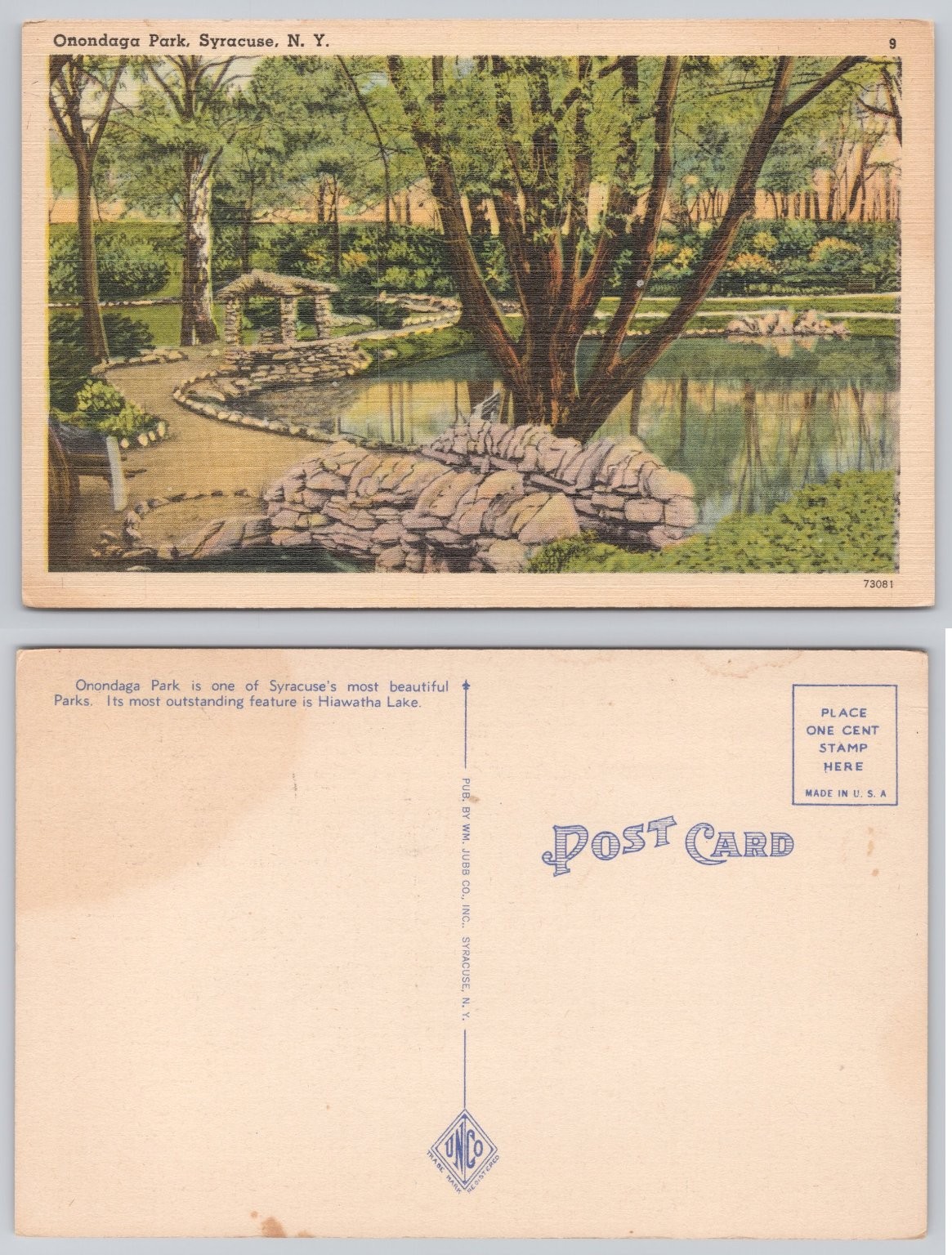 Onondaga Park Syracuse NY Hiawatha Lake Linen Postcard Vintage UNCO
