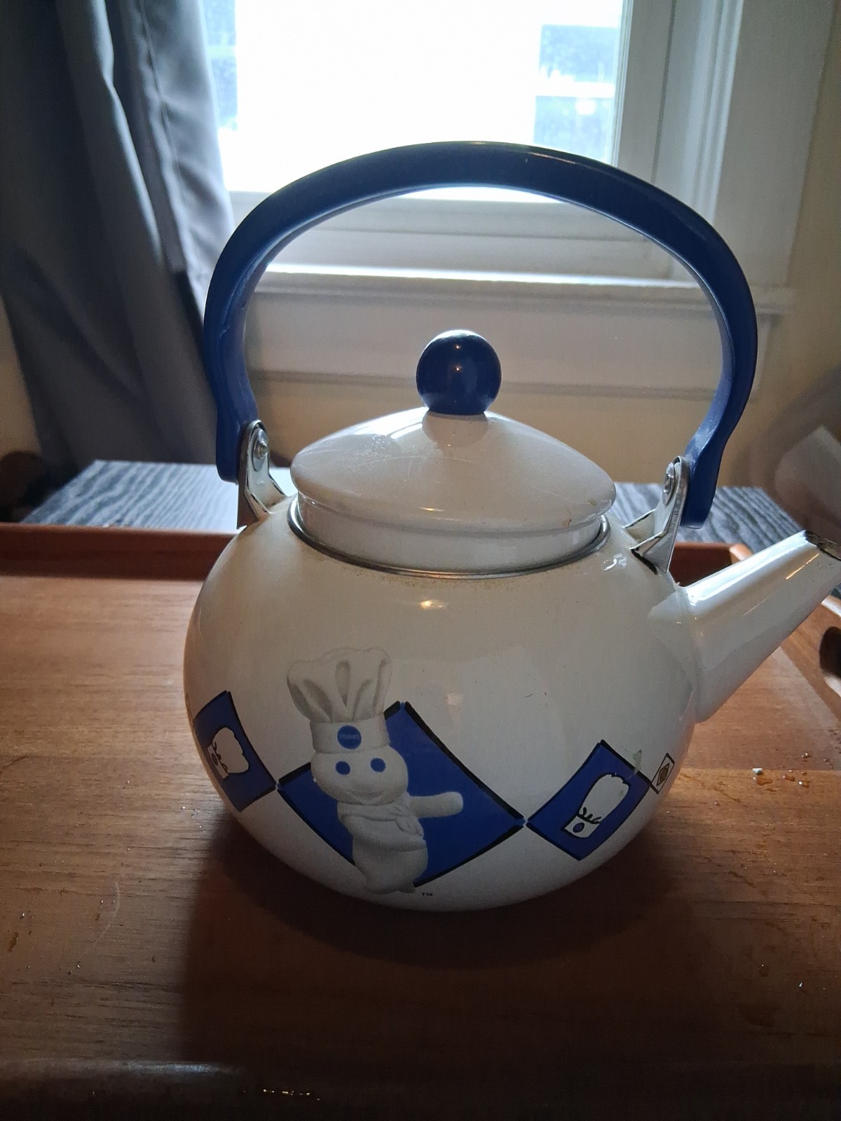 1999 Pillsbury Doughboy 2 Qt Tea Kettle Teapot Blue & White W/ Lid