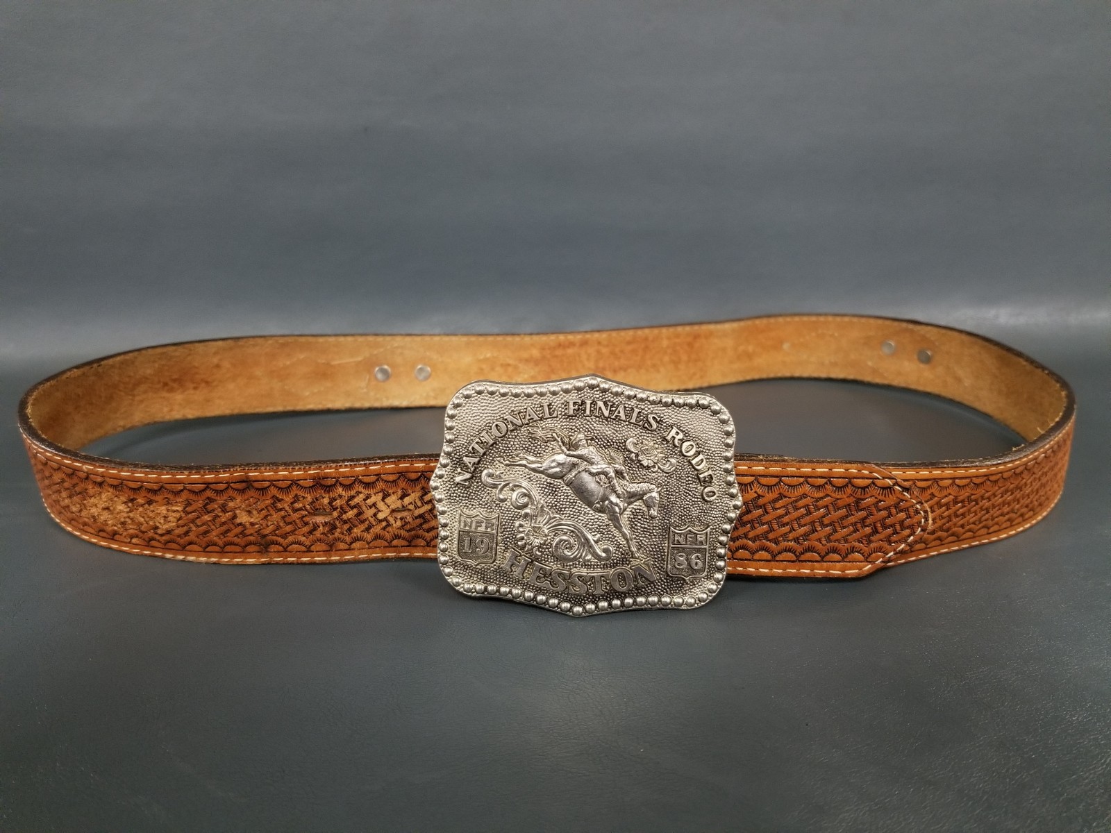 Vintage Toded Leather Belt w/ 1986 Hesston National Finals Rodeo Buckle