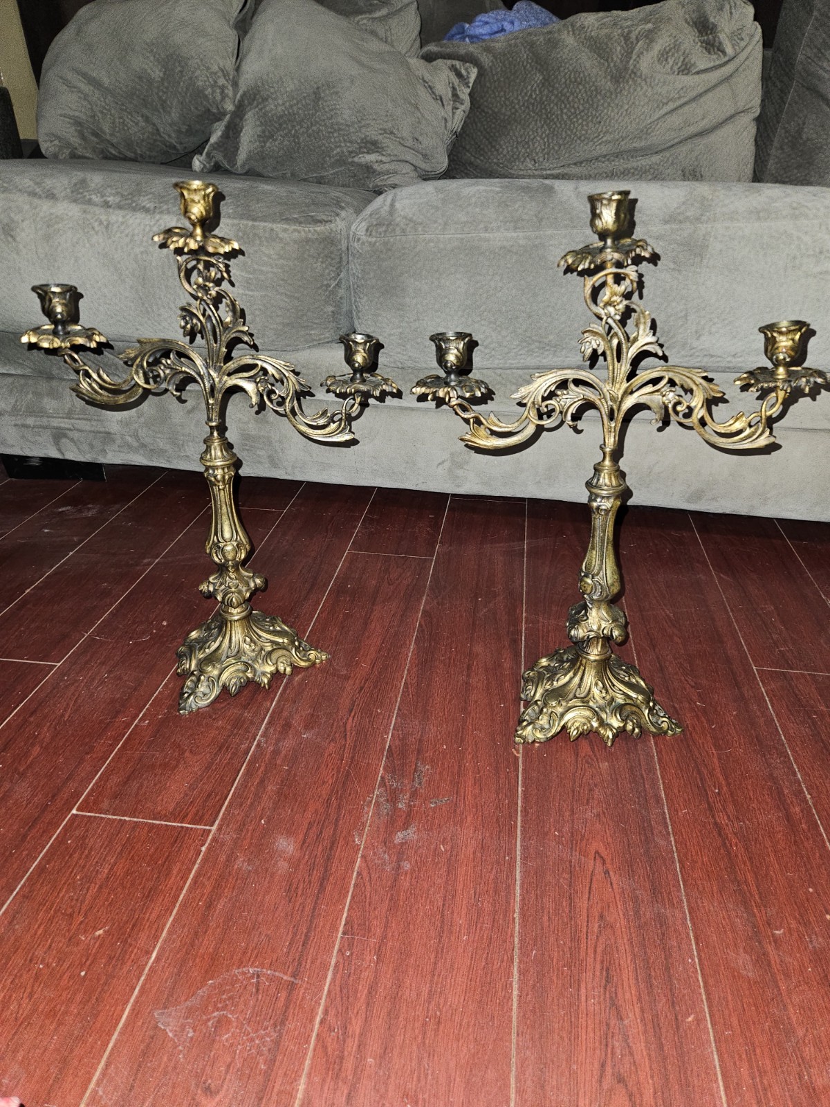 Vintage Baroque Style Brass Brevettato Candelabra 3 Candle (pair)