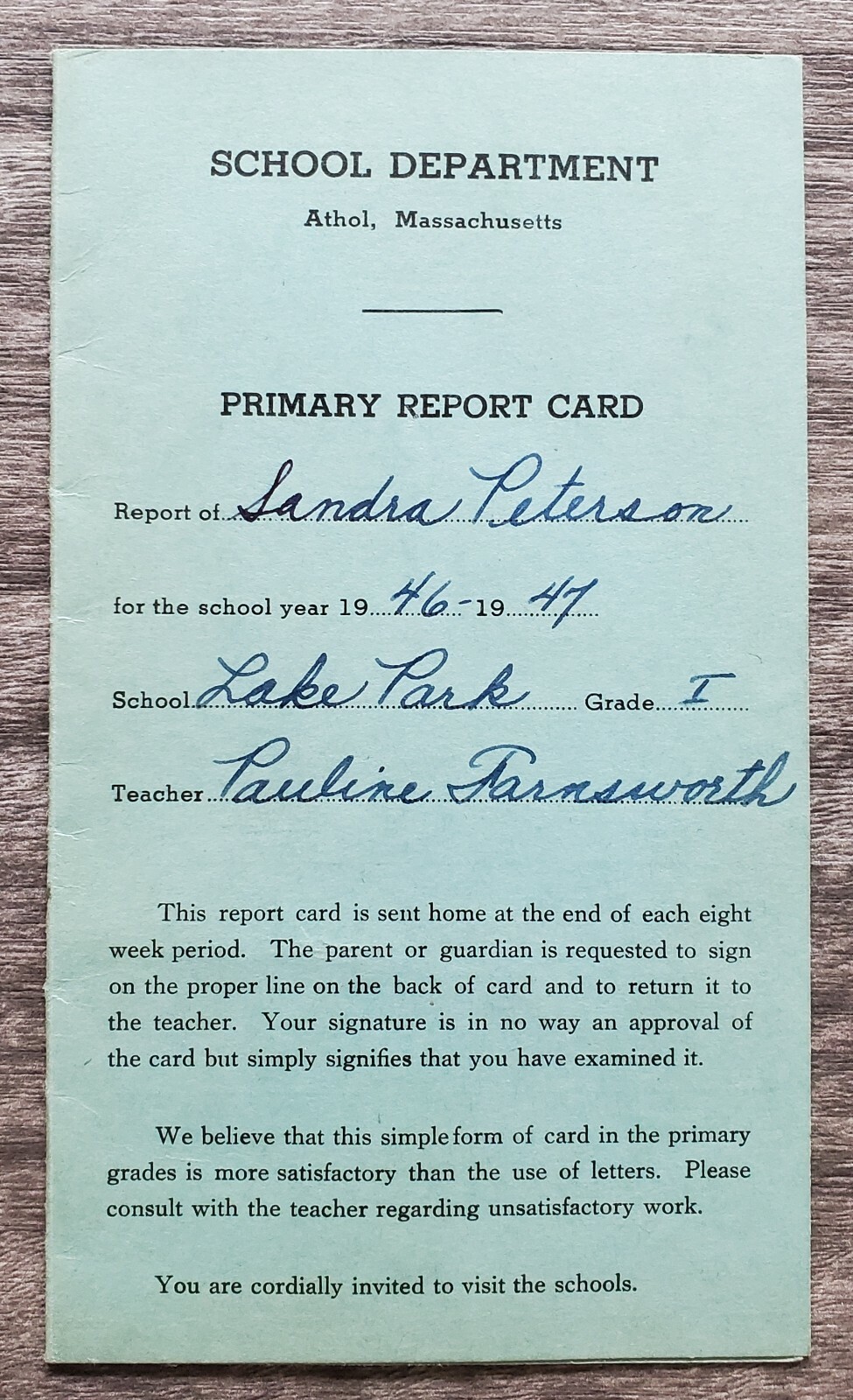 Vintage 1946-47 Athol Mass Elementary School 1st Grade Report Card Ephemera 