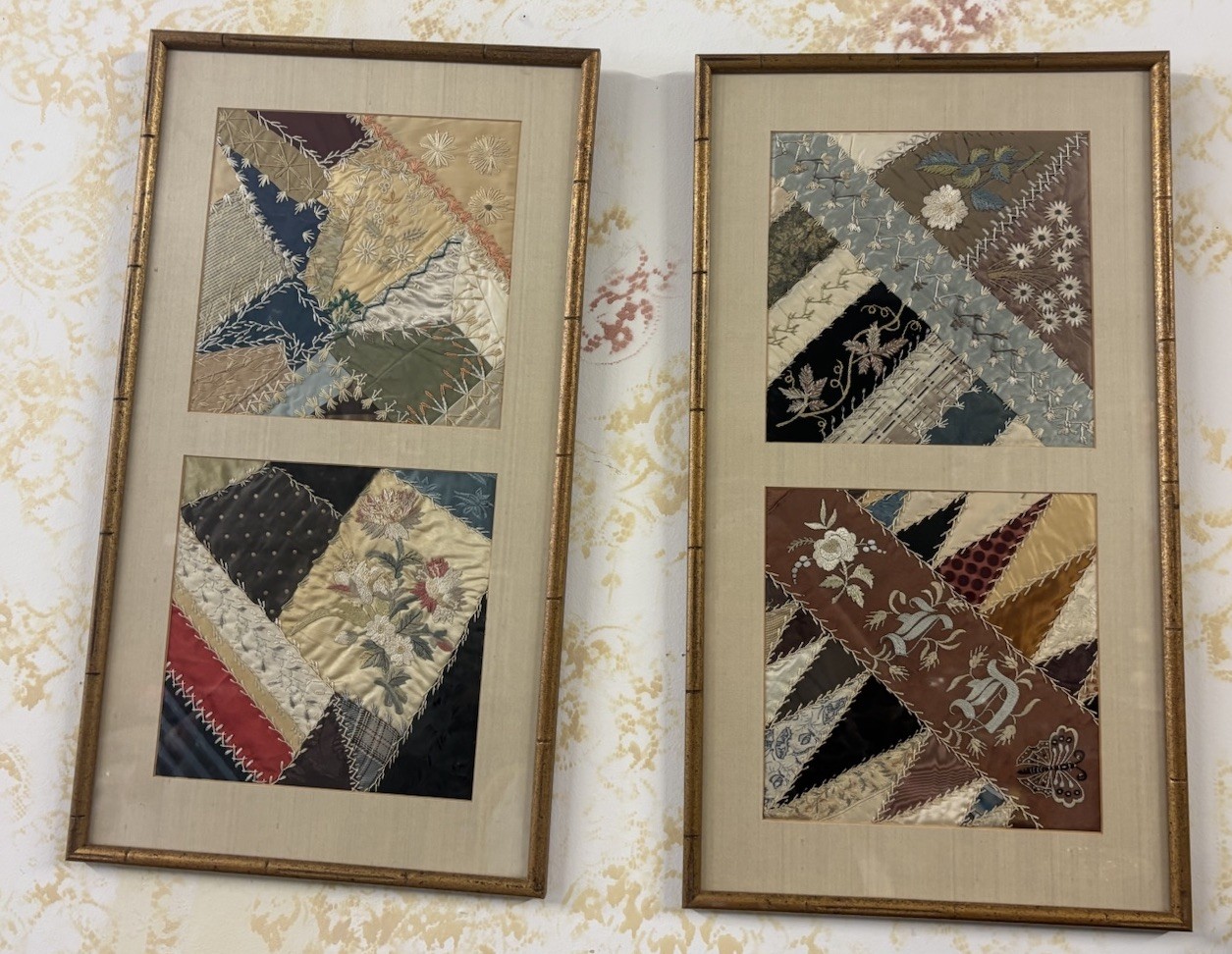 Pair Antique Victorian Crazy Quilt Framed Panels Faux Bamboo Aesthetic Movement