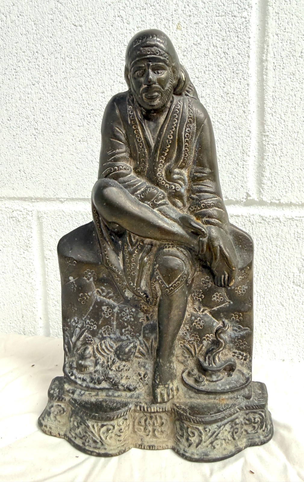 Antique thick gilt bronze figural Lord Sai Baba Idol Figurine Doorstop Statue