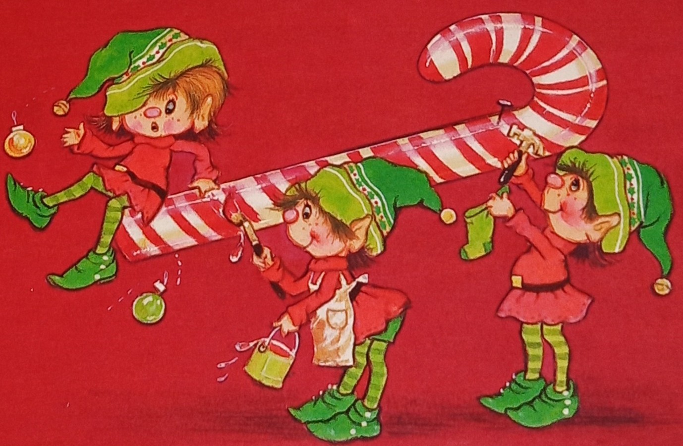 UNUSED Vintage CHRISTMAS card, cute elves painting a candy cane 5\ UNUSED Vintage CHRISTMAS card, cute elves painting a candy cane 5\