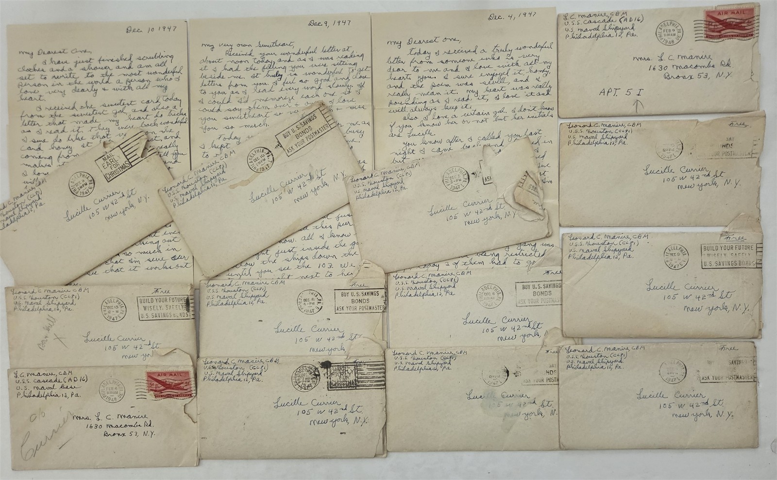 1947-8 antique LOVE LETTERS US NAVY LEONARD MANIRE LUCILLE CURRIER nyc