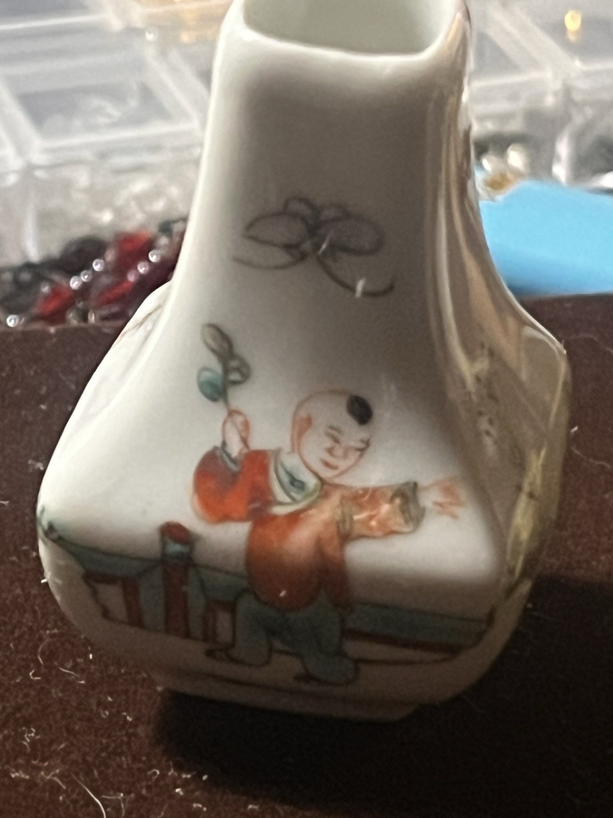 Vintage Chinese Famille Rose Miniature Vase Boy Garden Hand Painted Republic Era