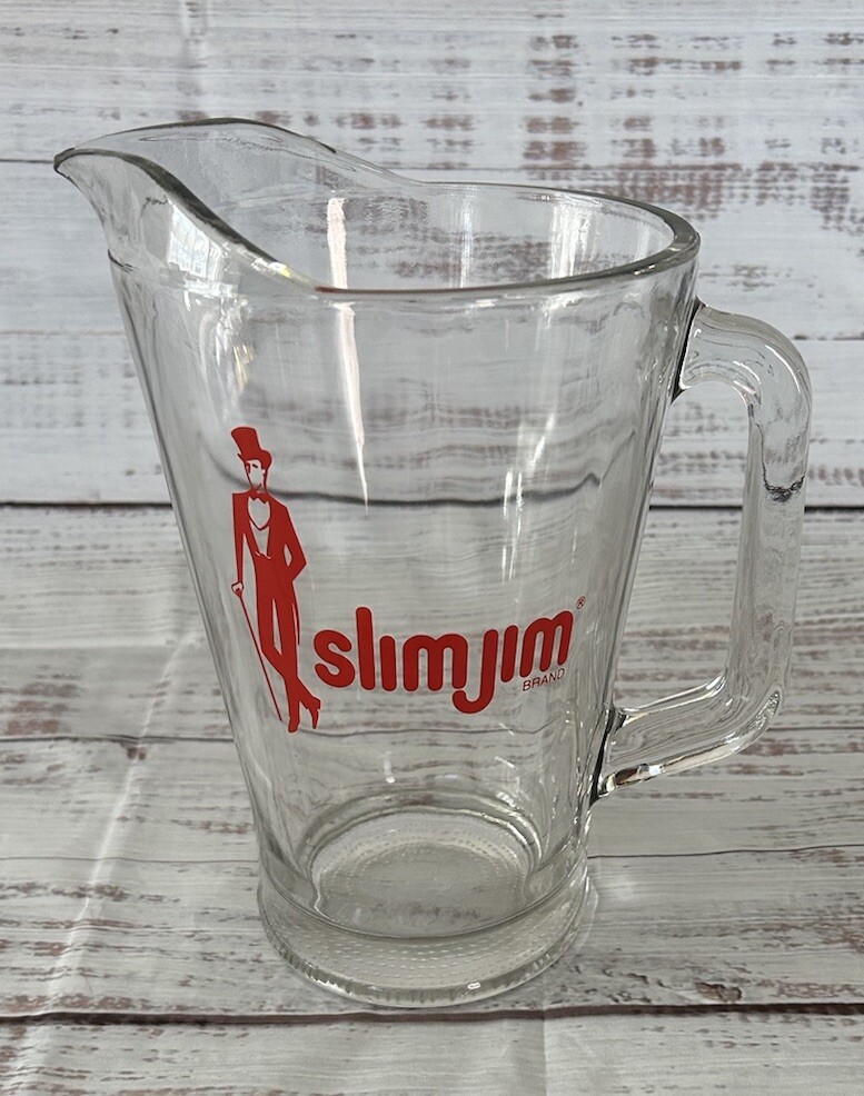 Vintage Slim Jim Heavy Glass Pitcher Logo Slim Jim Man