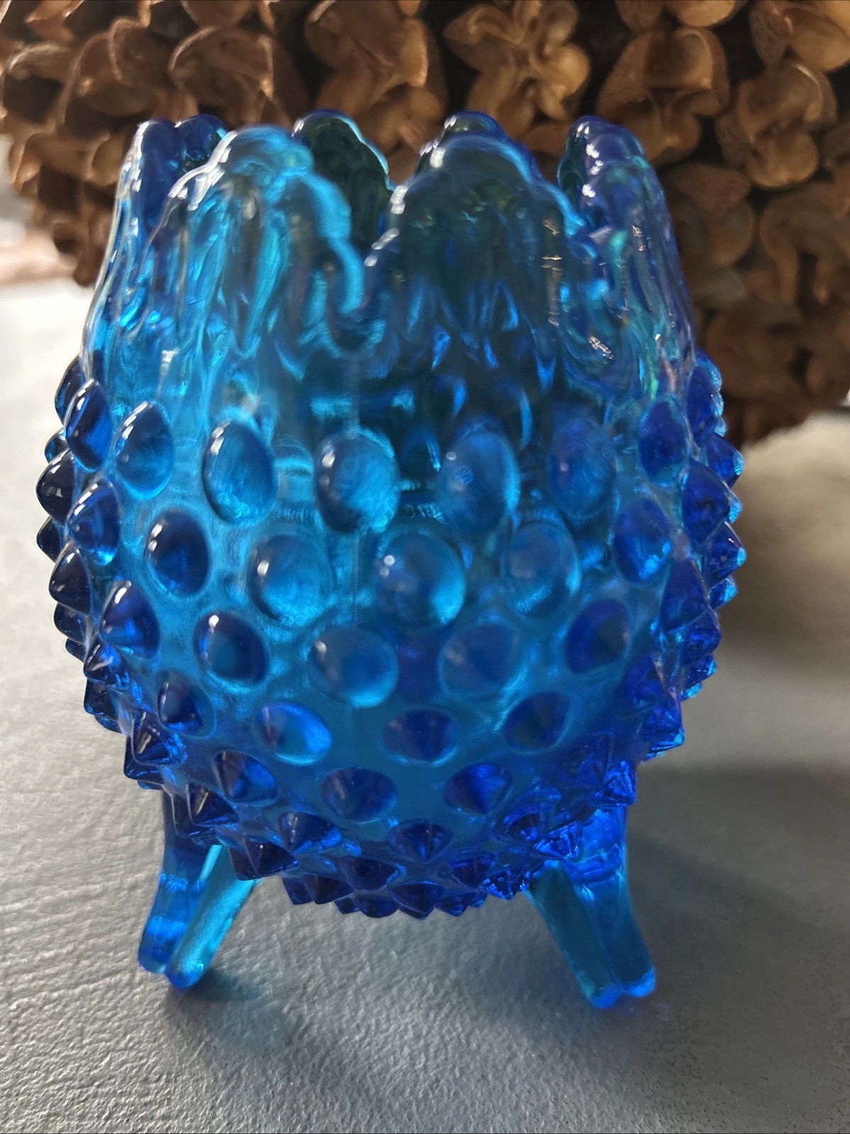 Fenton Colonial Blue Hobnail 3-Footed Egg-Shaped Vase with Crown Top  5