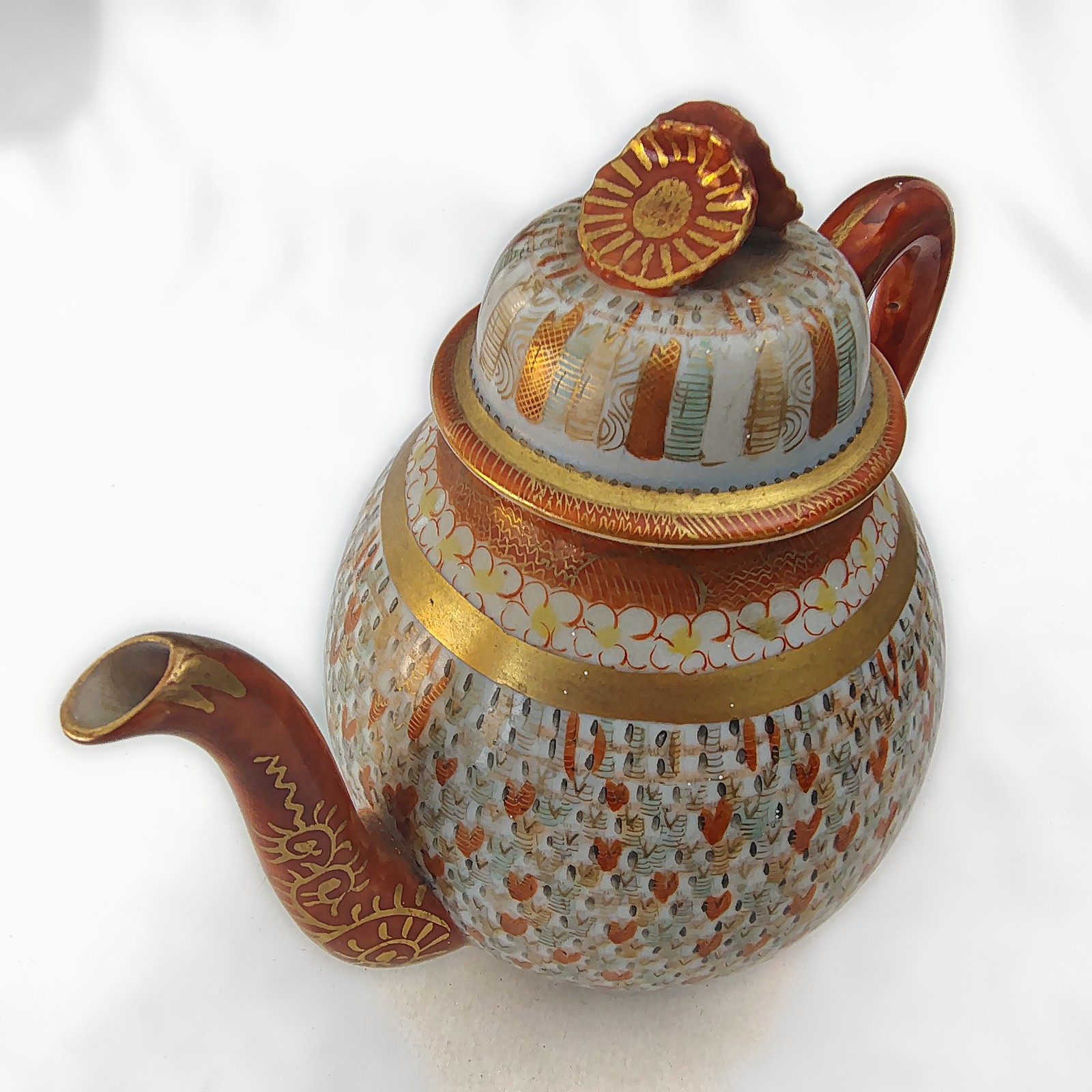 Vintage Japanese Kutani Hand Painted Porcelain Teapot Thousand Faces Red & Gold