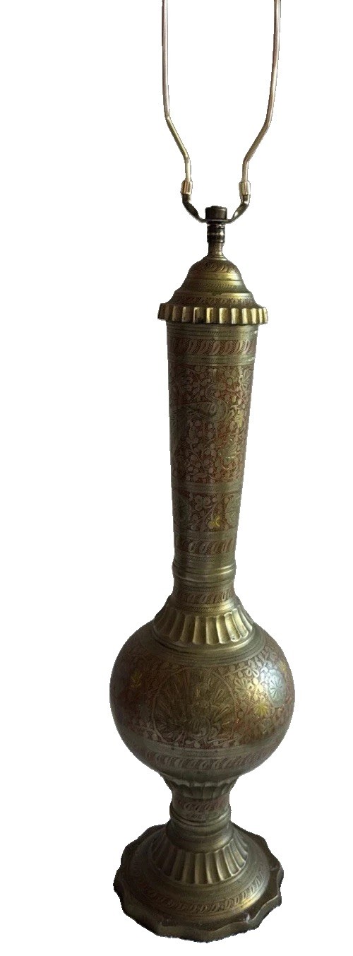 36” Indian vintage  heavily engraved brass Light lamp Red