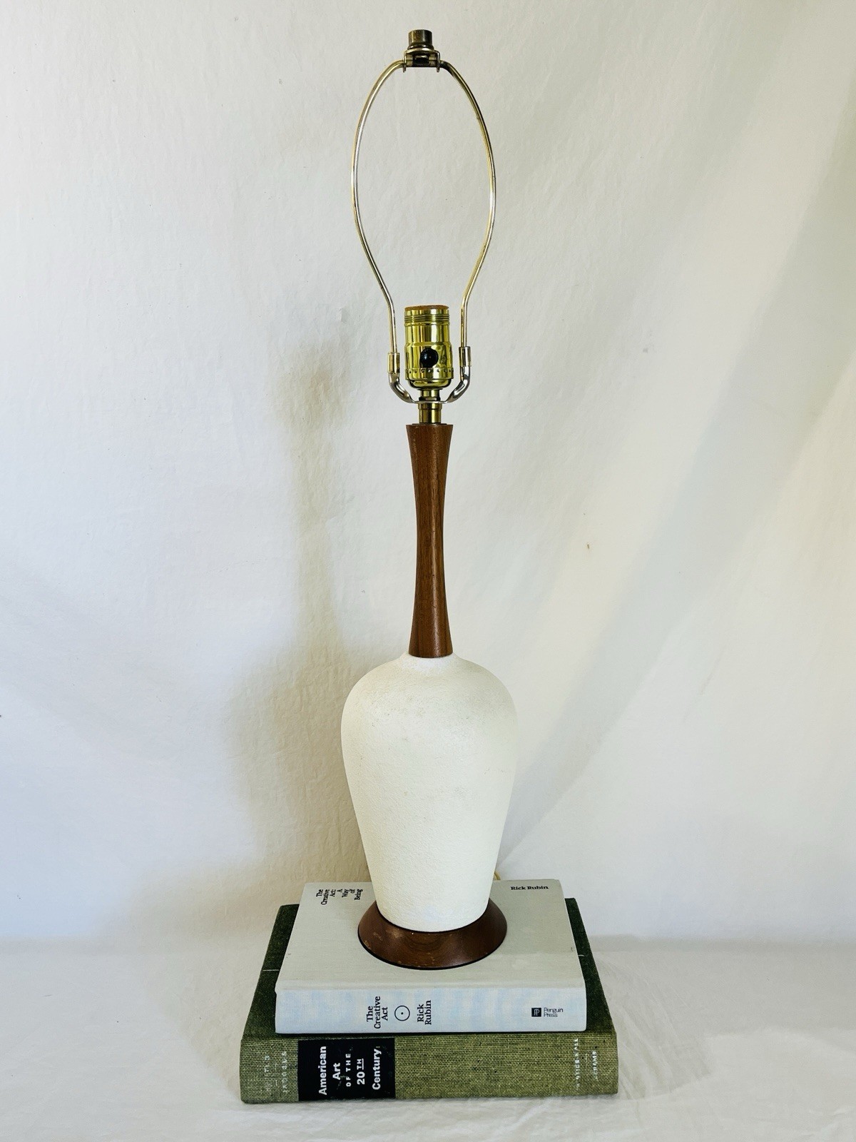 Vintage MCM Ceramic and Wood Lamp Cream Textured Finish