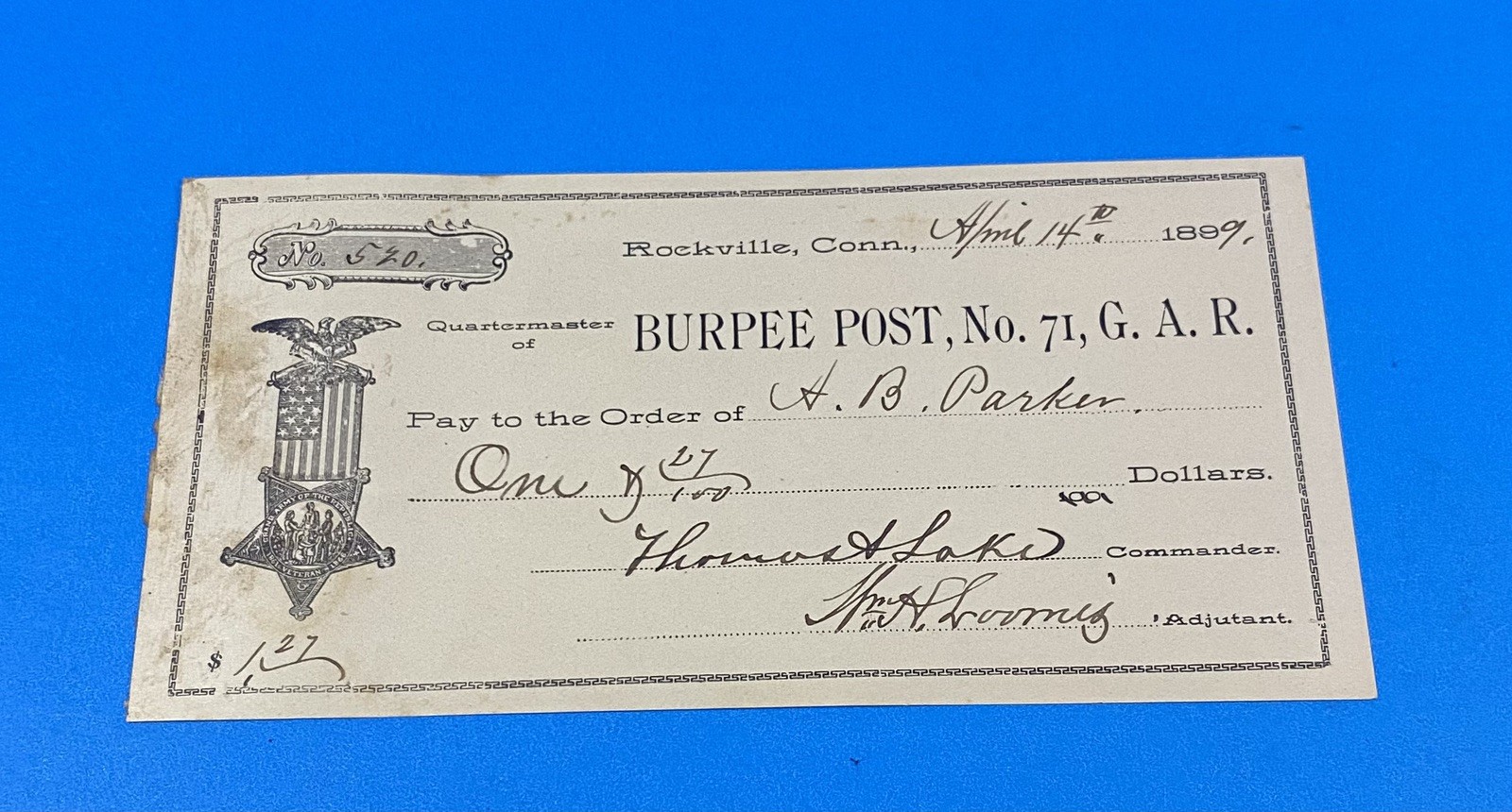 1899 G.A.R. Signed Quartermaster Check from Rockville, CT