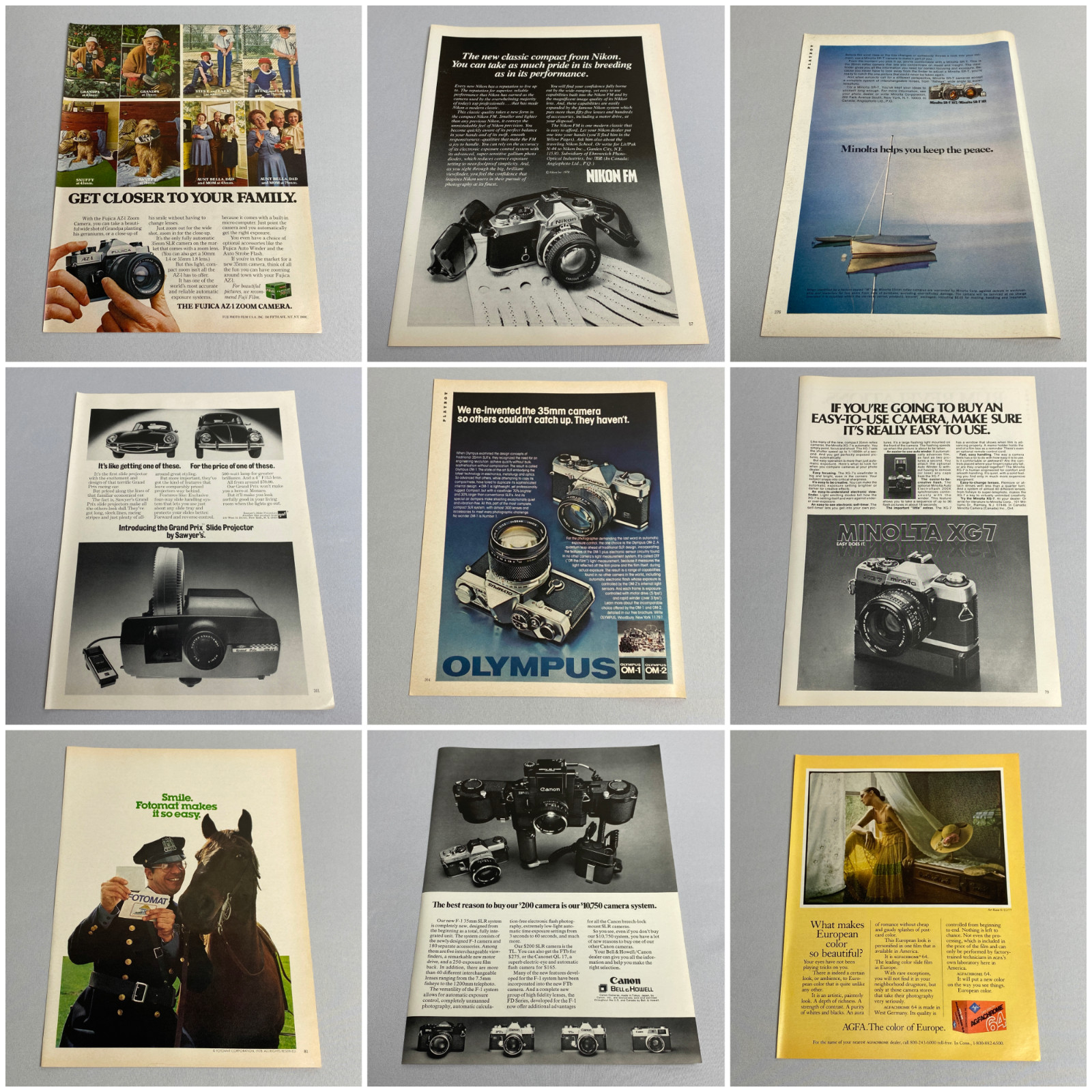 '70s 35mm Cameras, Film, Slides - Vintage Magazine Print Ads - Lot of 9