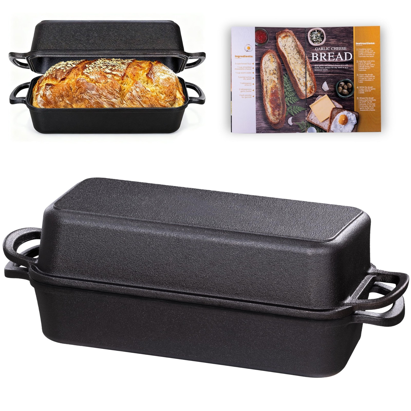 11x5 Inch Cast Iron Loaf Pan with Lid, Large Dutch Oven Bread Loaf Pan for So...