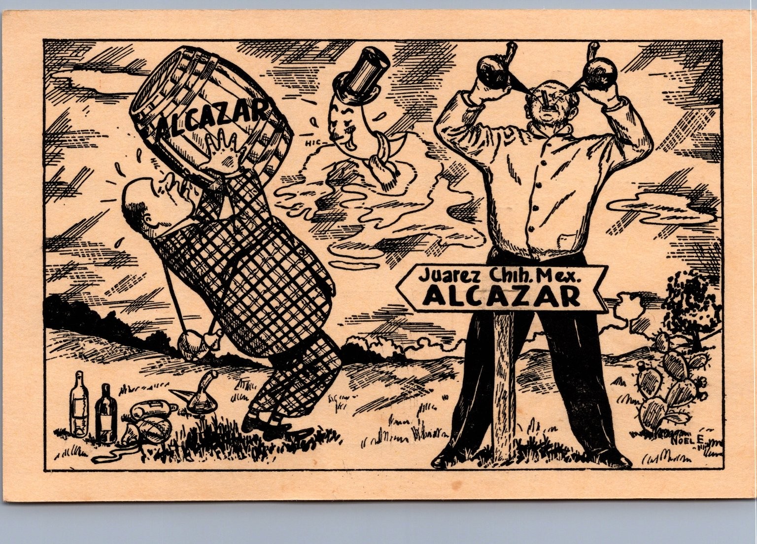 Vintage Alcazar Restaurant Bar Juarez Chih Mexico Comic Postcard c1934