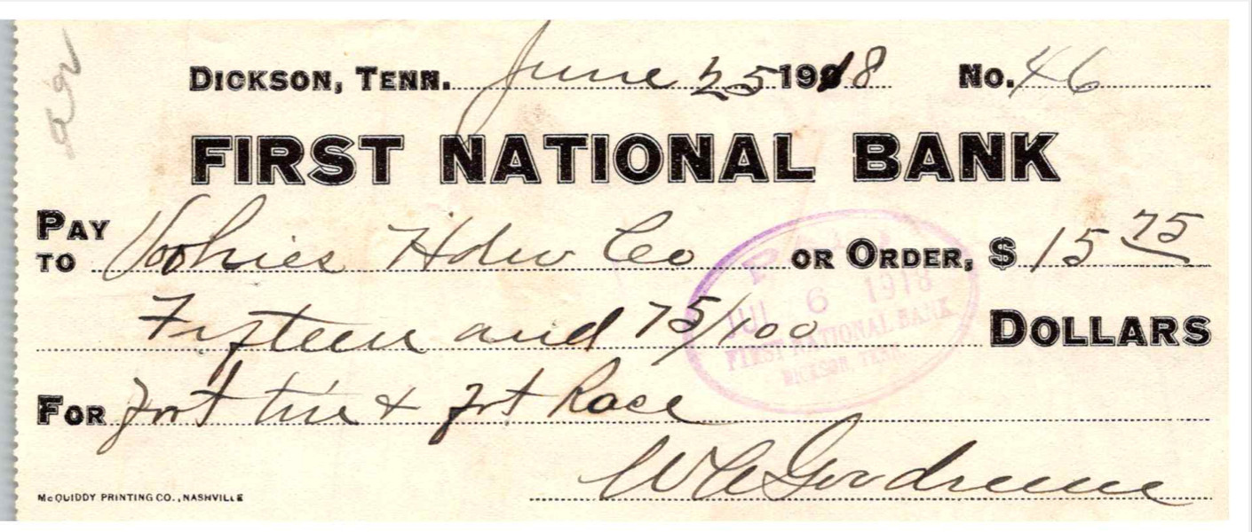 1918 Signed Check First National Bank Dickson Tennessee Hardware store