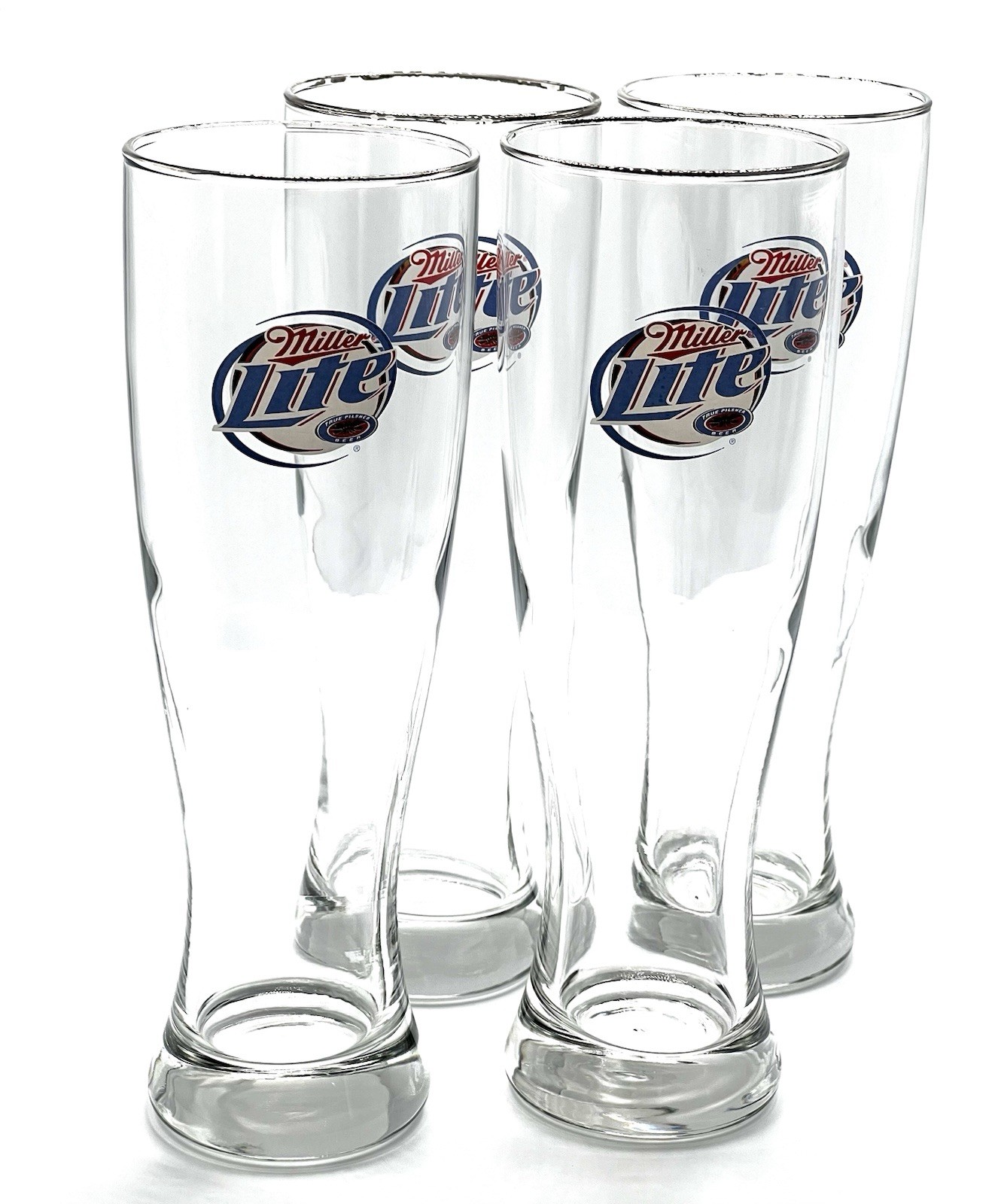 Set of 4 Miller Lite Beer Glasses 8” Tall Pilsner Bar Glass Vintage Barware