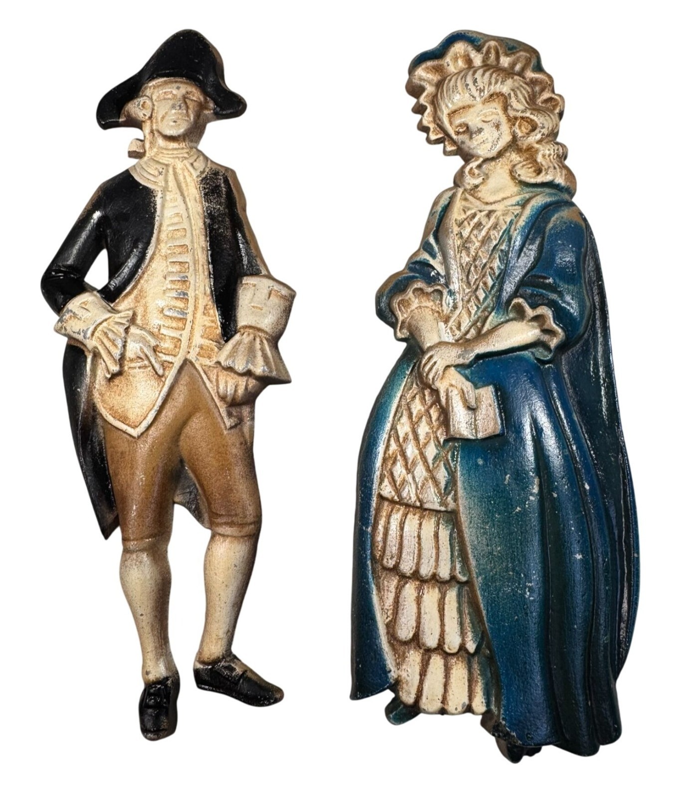 Vintage Sexton USA Colonial Couple Wall Plaques Cast Metal 1960s MCM Decor Pair