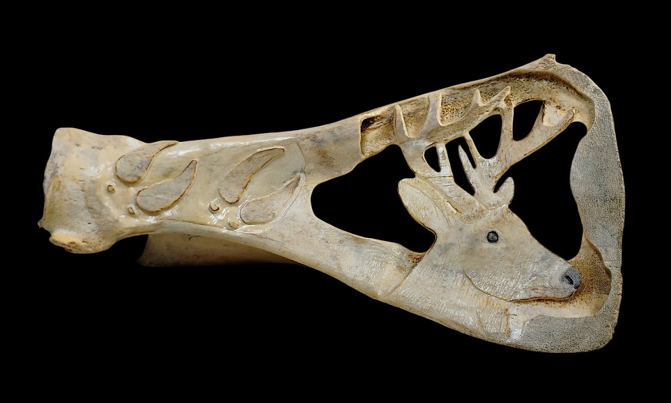 Vintage Hand-Carved Stag on Bone - Openwork Folk Art Relief, Signed R.V.B.
