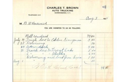 Charles T. Brown Auto Trucking 1925 Billhead Invoice Warrensburgh NY Hauling Charles T. Brown Auto Trucking 1925 Billhead Invoice Warrensburgh NY Hauling