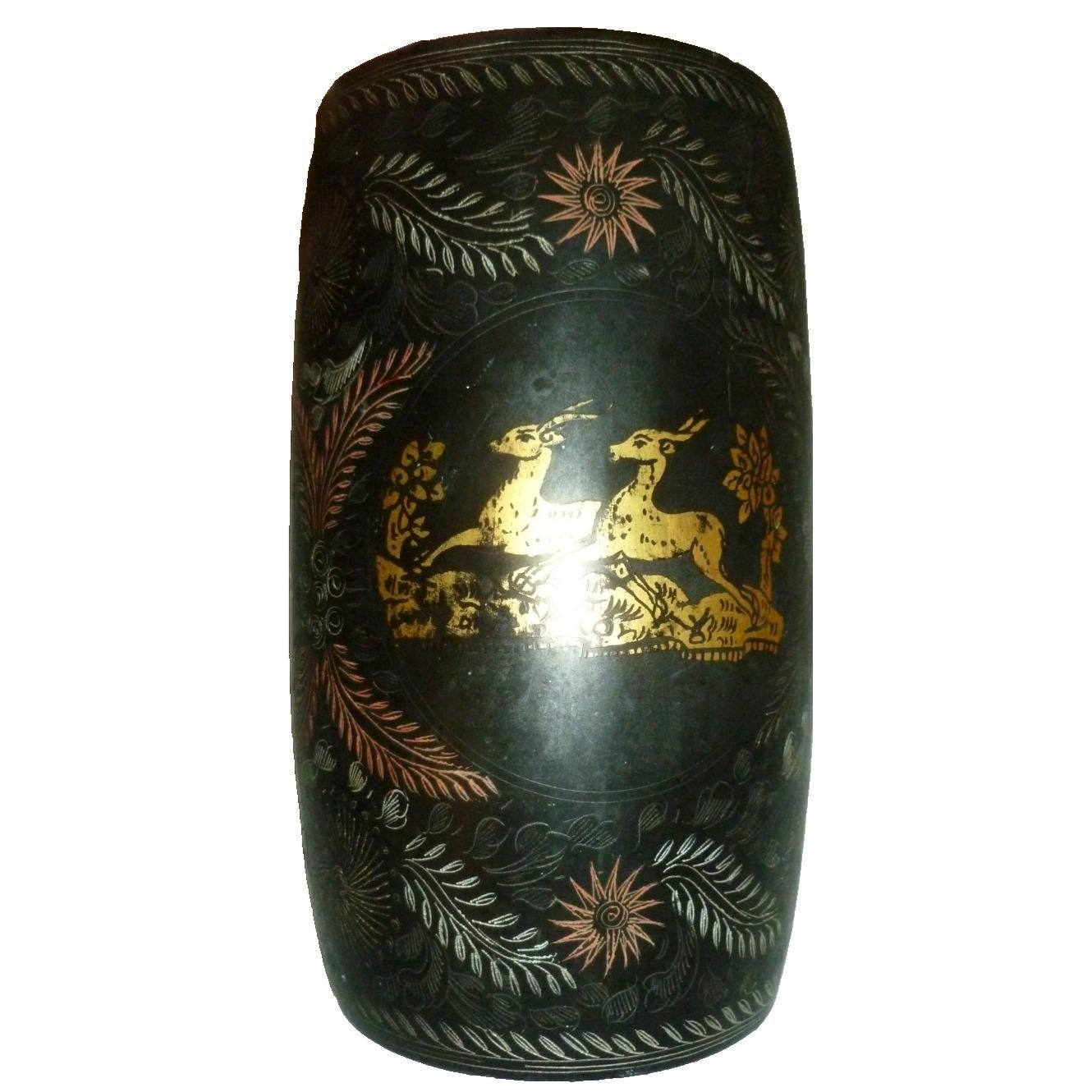 Vintage Hand Painted Lacquered Wood Cylinder Vase - MCM Deer Sunburst Design