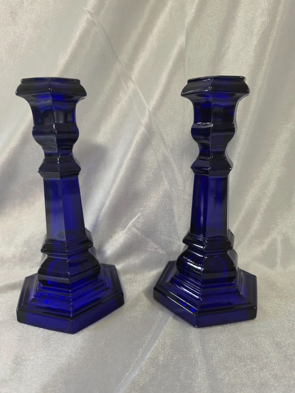 Vintage Cobalt Blue Glass Candlestick Holders | Hexagonal Base Taper Pair | 8 In