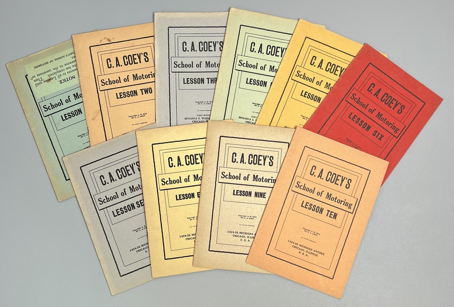 Vtg 1912 CA Coey School Motoring Chicago Complete Set Lessons 1-10 Auto Ephemera