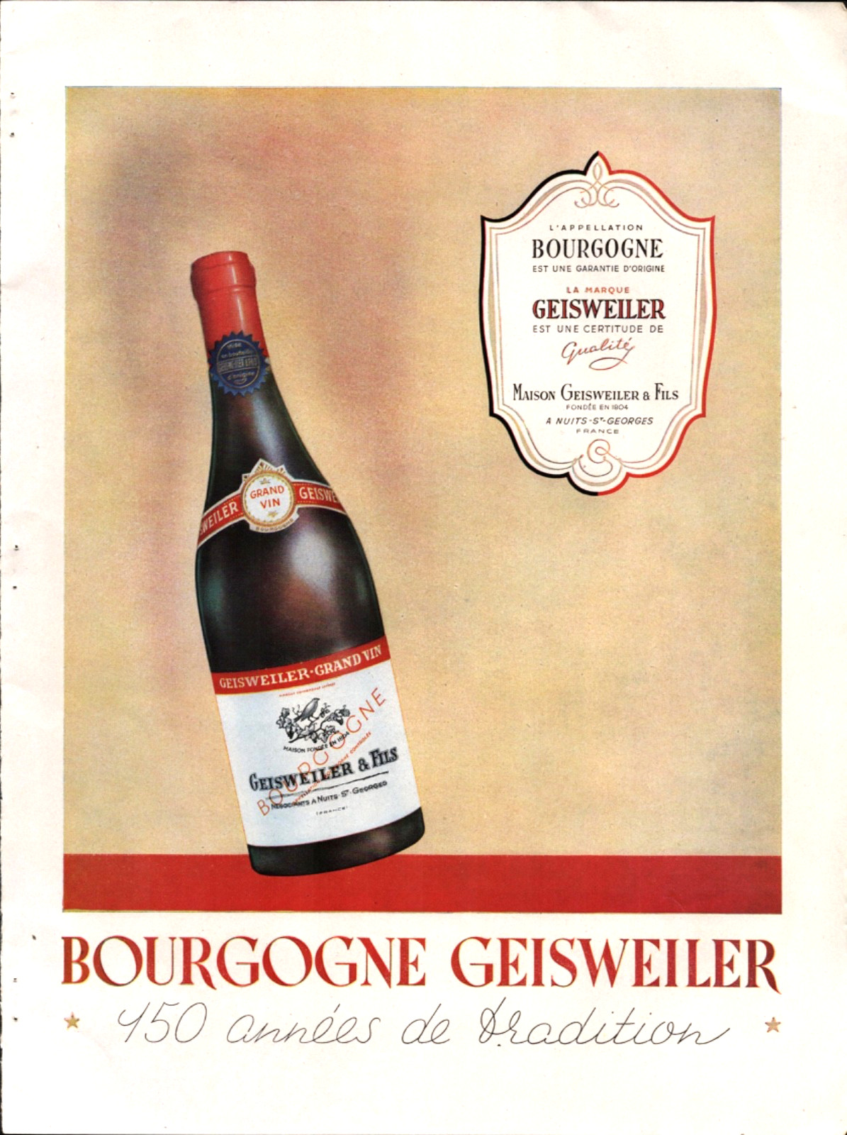 1949 BOURGOGNE GEISWEILER vintage 11x15 magazine advertisement FRENCH WINE CO.