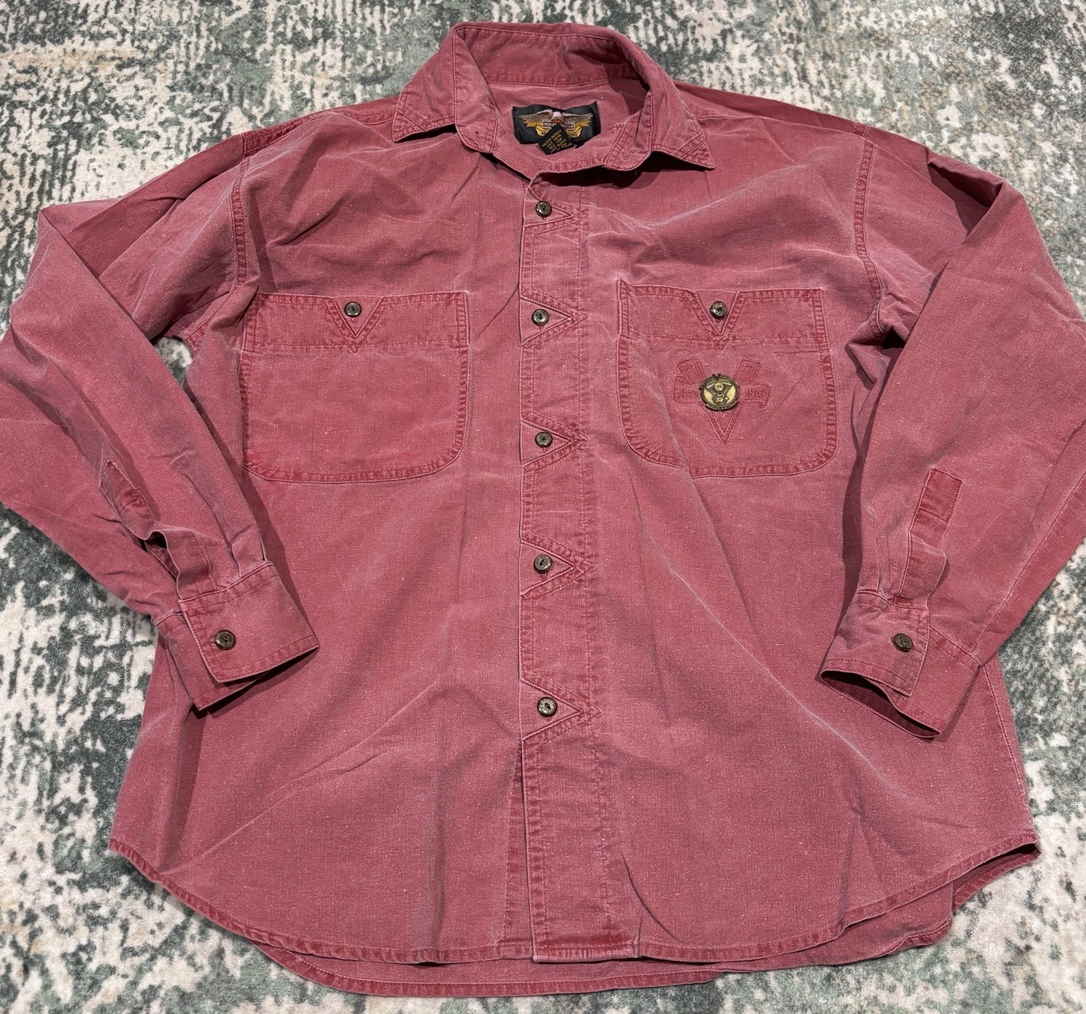 Vintage 90s Harley Davidson Evolution V-Twin Engine Button Up Shirt Men's M Rose