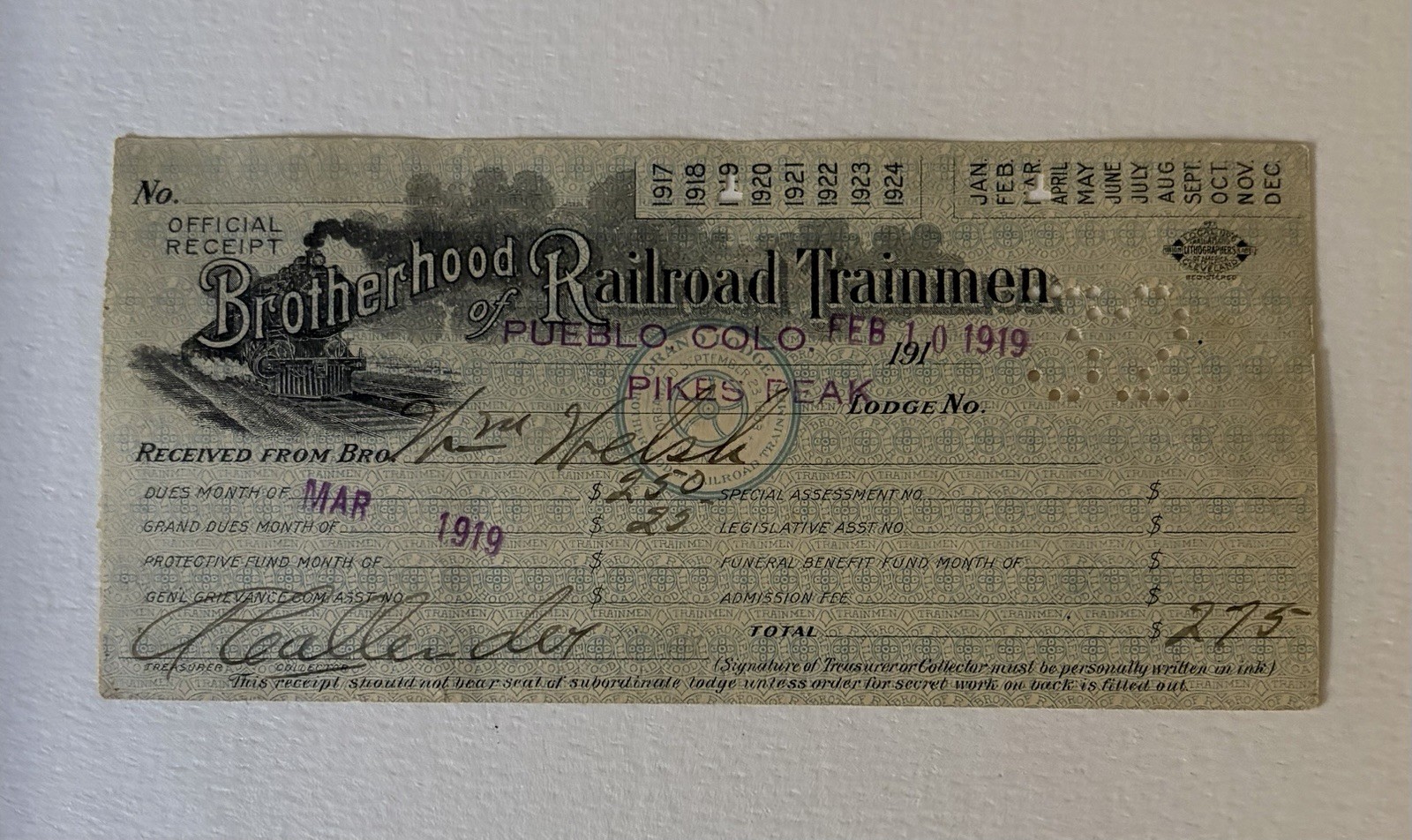 Vintage 1919 Brotherhood of Railroad Trainmen Dues Receipt Pueblo Colorado