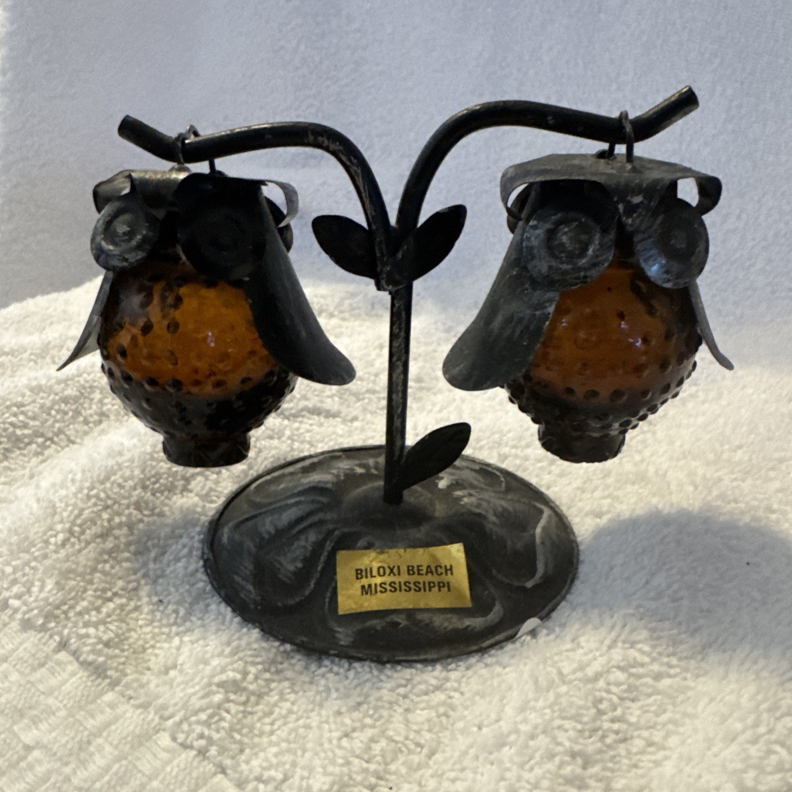 Owl Salt & Pepper Shakers Set, Amber Glass w/ Silver Metal Stand, 3pc